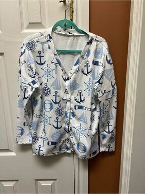 Blue & White Nautical Button-Up Shirt with Anchor Motif